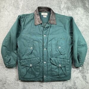 Vintage 90s Pure Stuff M Men Insulated Chore Coat Green Lined Leather Collar